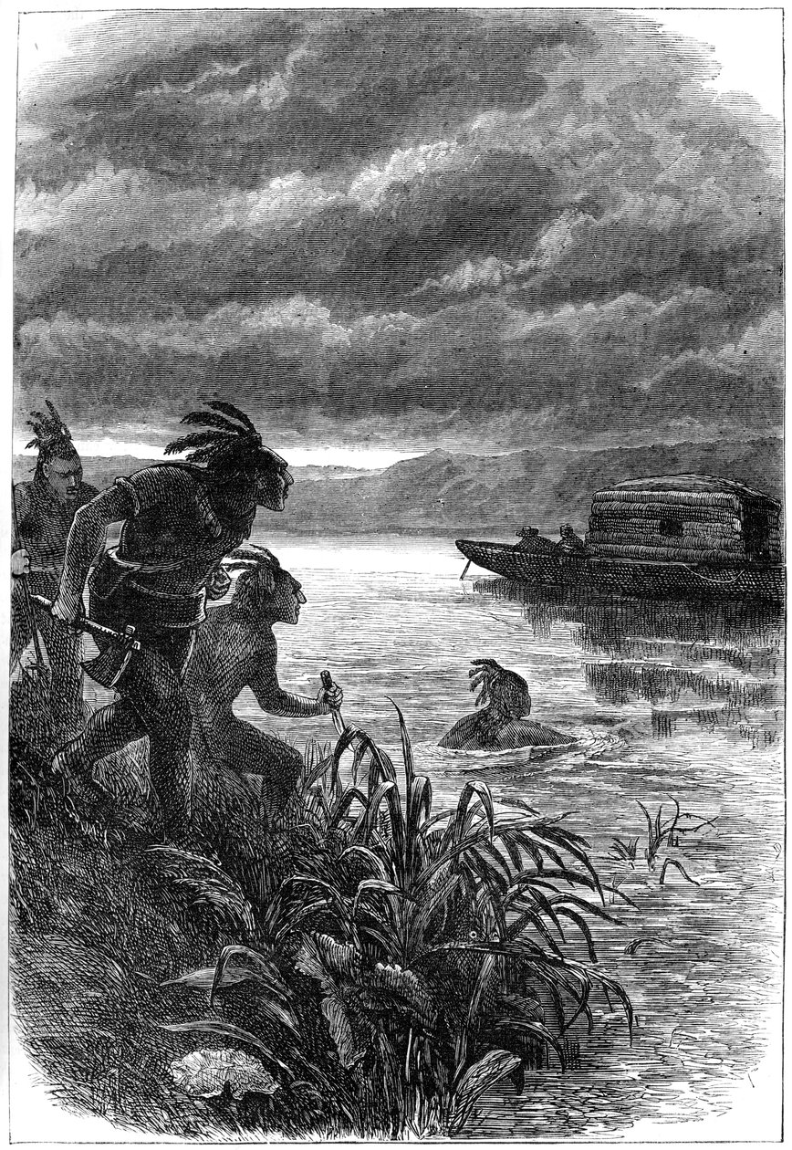 Händler auf dem Ohio River von amerikanischen Ureinwohnern angegriffen, 18. Jahrhundert, ca. 1880 von Unbekannt