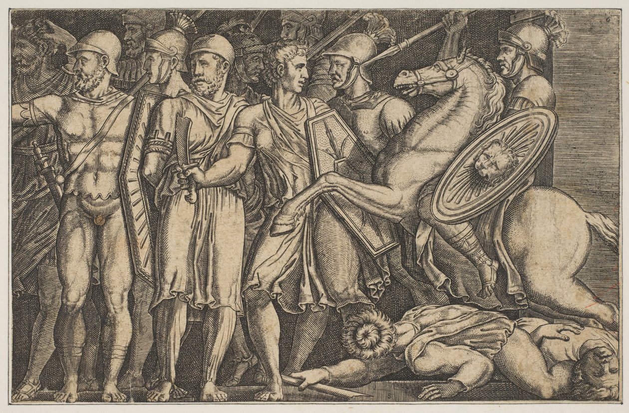 Trajan kämpft gegen die Daker, Trajan zu Pferd rechts reitend auf eine Gruppe zu, ca. 1515-1600 von Unbekannt