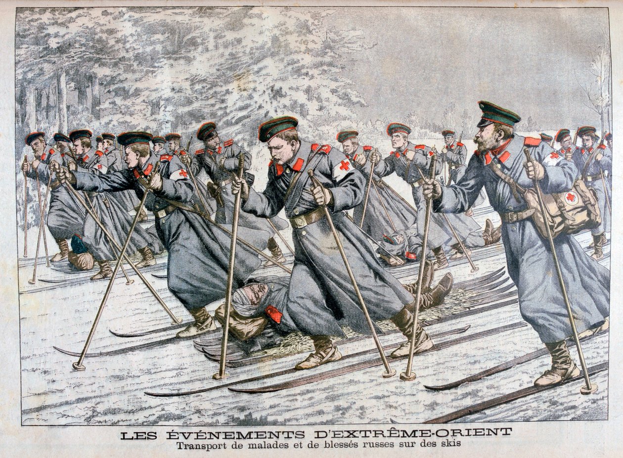 Transport kranker und verwundeter russischer Truppen auf Skiern, Russisch-Japanischer Krieg, 1904 von Unbekannt