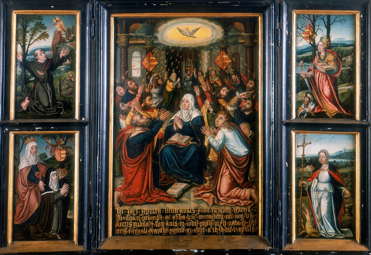 Triptychon, mit dem zentralen Panel, das den Heiligen Geist zu Pfingsten zeigt von Unbekannt