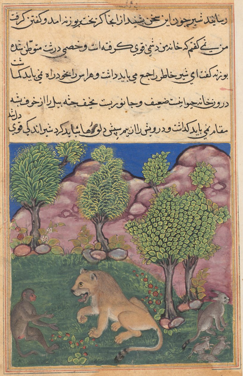 Tuti-Nama Geschichten eines Papageis: Geschichte XXVIII: Der Affe rät dem misstrauischen Löwen..., ca. 1560 von Unbekannt