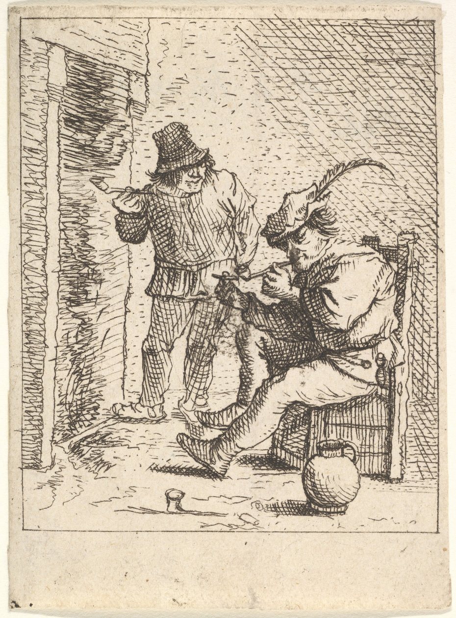 Zwei männliche Bauern mit Pfeifen vor einem Kamin, einer sitzt mit der Pfeife..., nach 1625-90 von Unbekannt