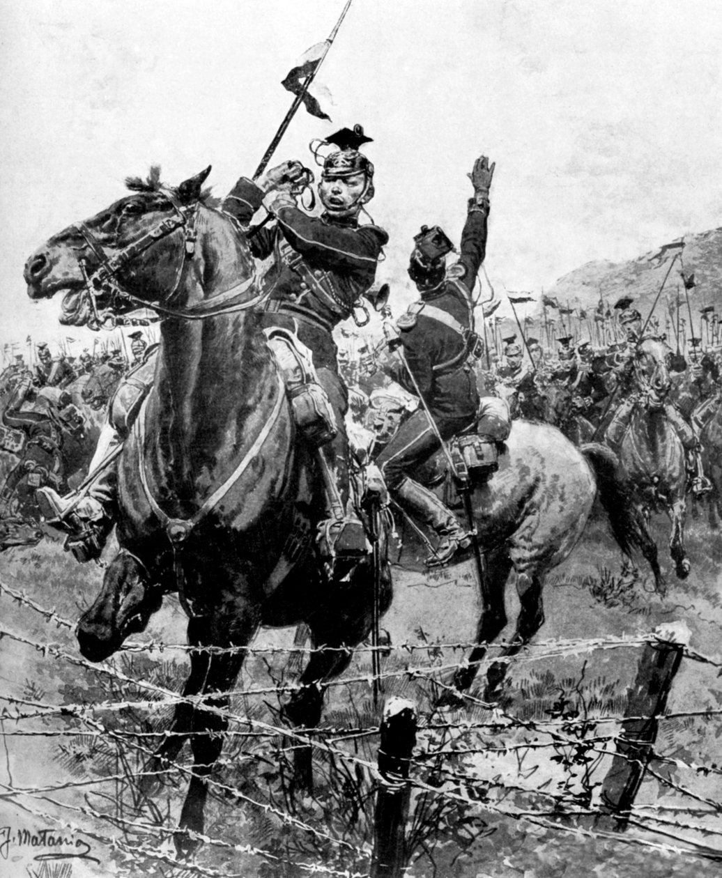 Ulanen durch Stacheldraht bei Lüttich, Belgien, Erster Weltkrieg, 1914 von Unbekannt
