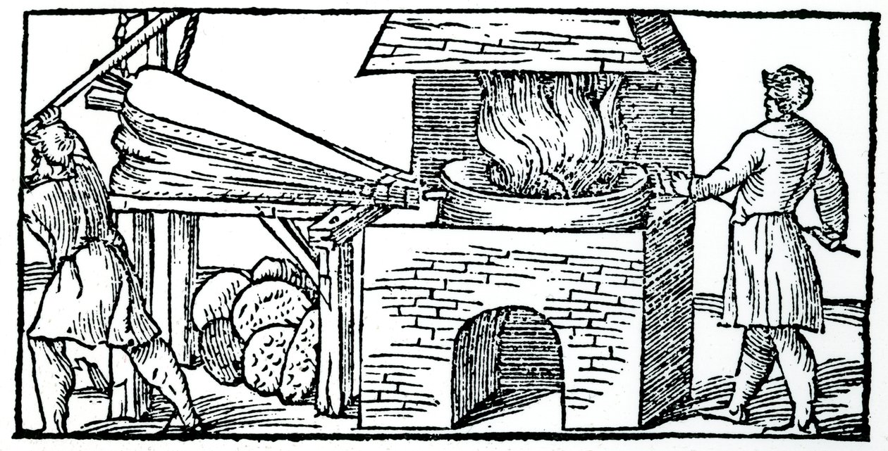 Verwendung von Blasebälgen zur Erhöhung des Zuges in einem Ofen, 1540 von Unbekannt