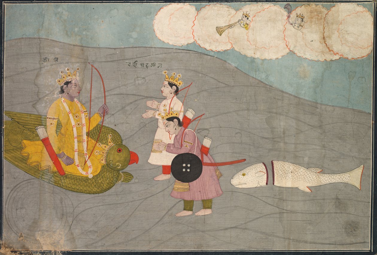Vanasuras Söhne unterwerfen sich Krishna: Szene aus dem Aniruddha Usha Abschnitt von Krishna Lila von Unbekannt