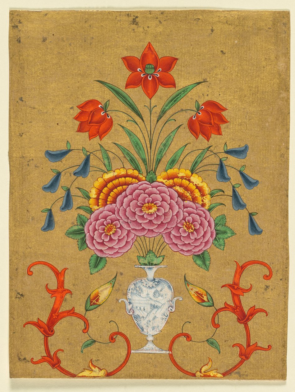 Vase mit Blumenarrangement und Rollwerk, ca. 1750-1800 von Unbekannt