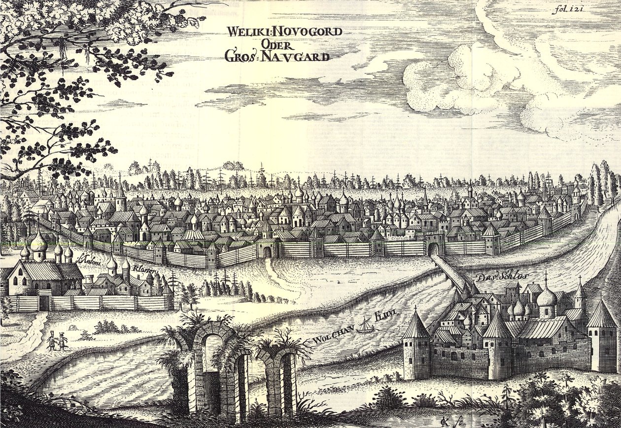 Velikiy Novgorod Illustration aus Reisen zum Großherzog von Moskau und zum König von Persien von Adam Olearius, 1656 von Unbekannt