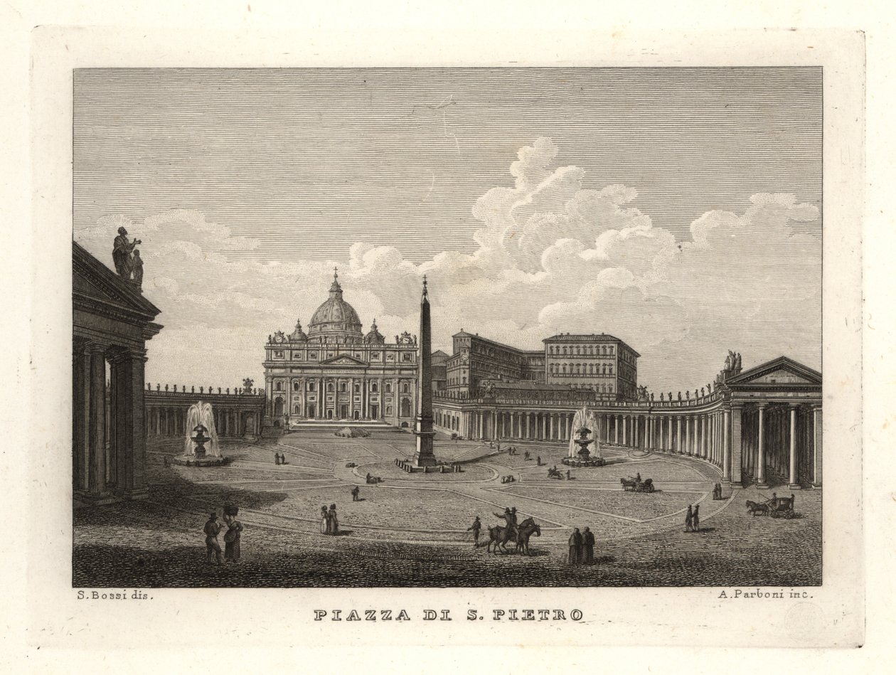 Ansicht des Petersplatzes, Piazza di S. Pietro, mit dem Petersdom und dem antiken ägyptischen Obelisken von Unbekannt