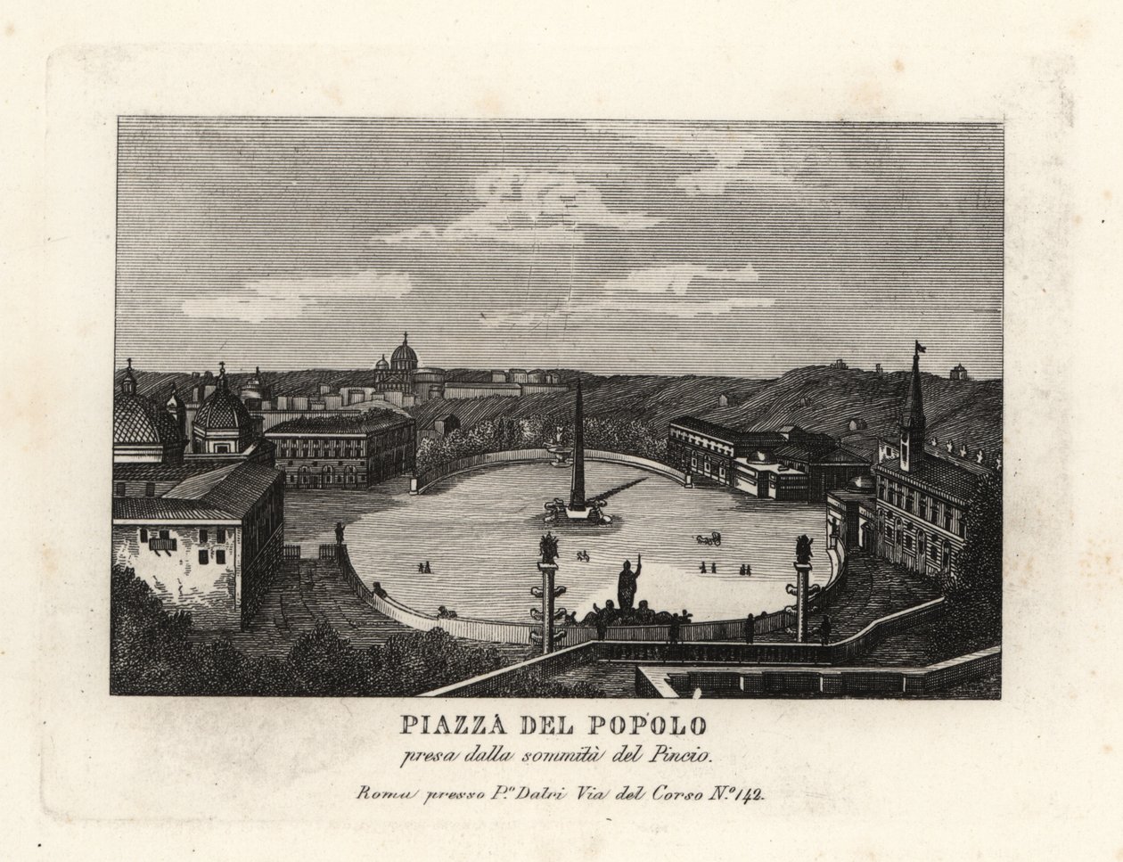 Ansicht der Piazza del Popolo mit einem ägyptischen Obelisken von Ramses II aus Heliopolis, vom Gipfel des Pincio-Hügels, Rom von Unbekannt