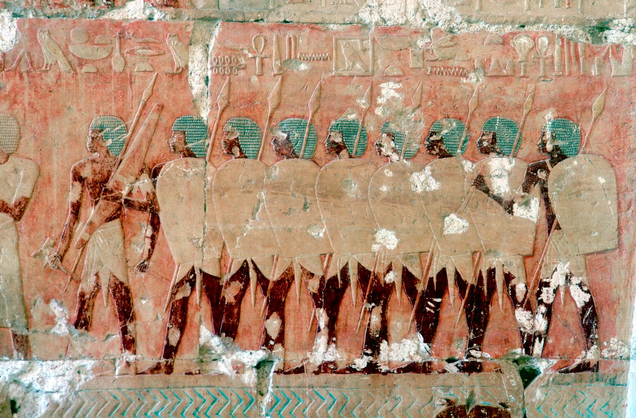 Wandmalerei von ägyptischen Soldaten auf der Expedition, Tempel der Königin Hatschepsut, Luxor, ca. 1470 v. Chr. von Unbekannt