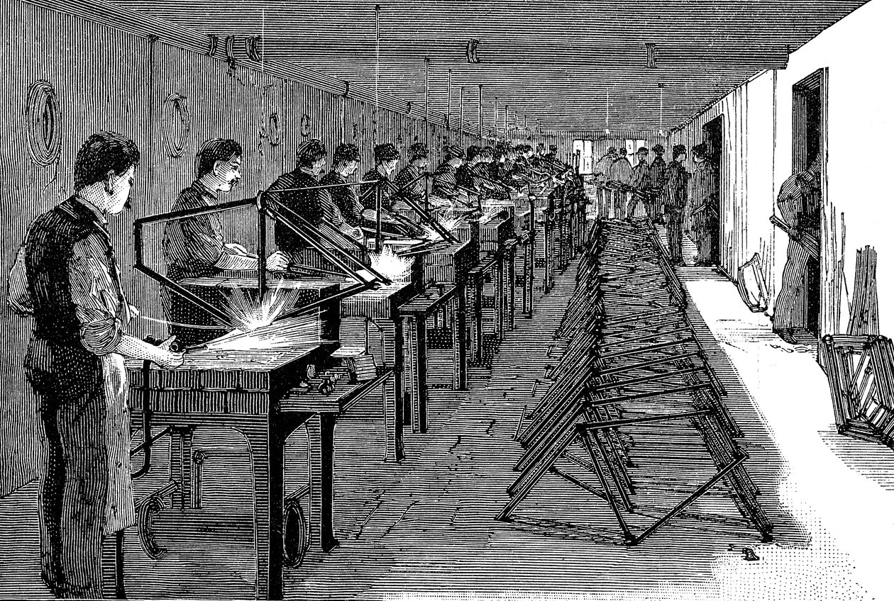 Schweißen von Fahrradrahmen in einer amerikanischen Fabrik von Unbekannt