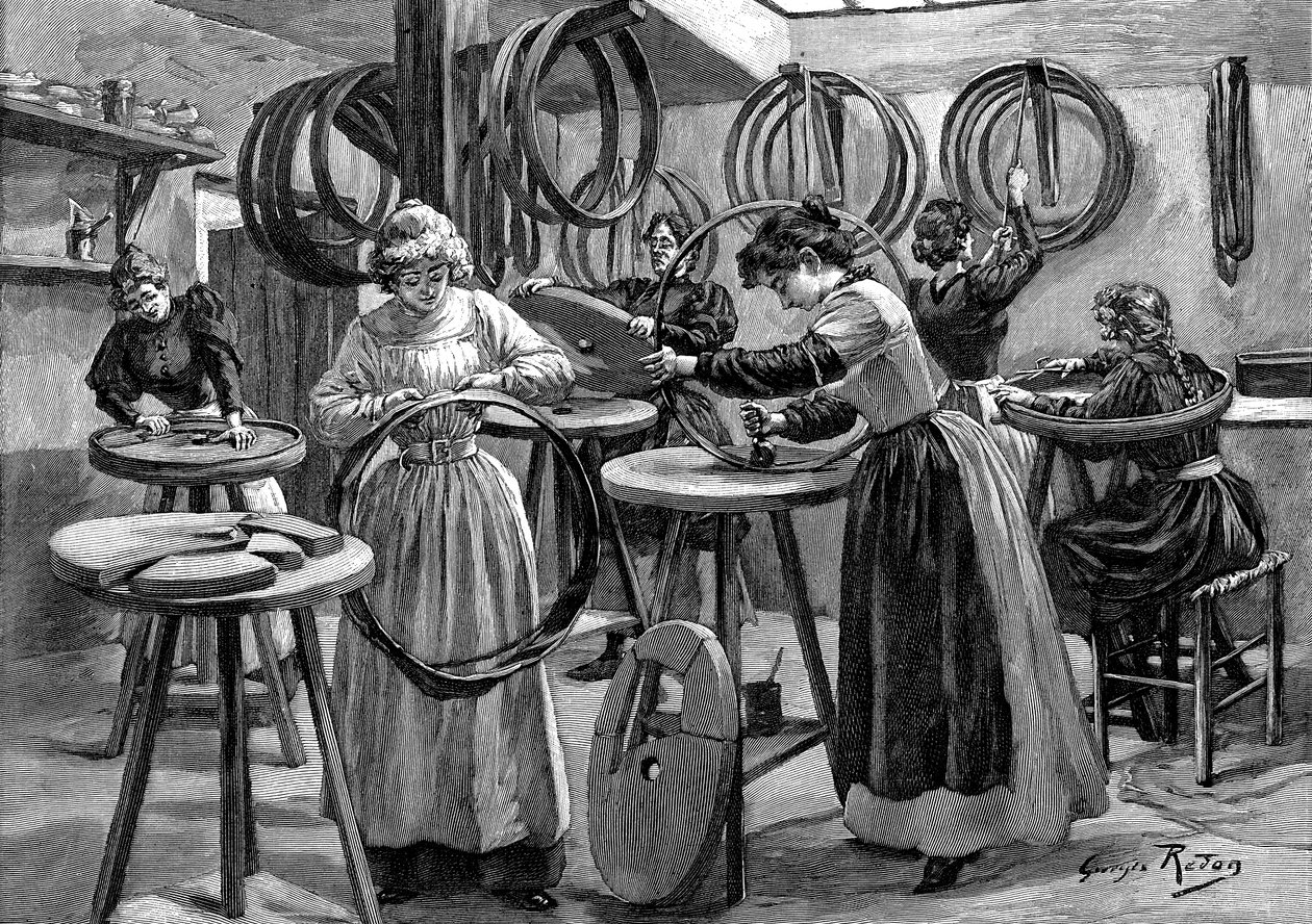 Frauen stellen pneumatische Reifen für Fahrräder her, Frankreich, 1896 von Unbekannt