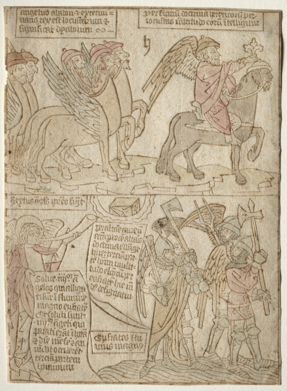 Seite aus der Apokalypse: Die Heuschrecken mit dem Engel des Abgrunds und die sechste Posaune, 1400er Jahre von Unbekannt