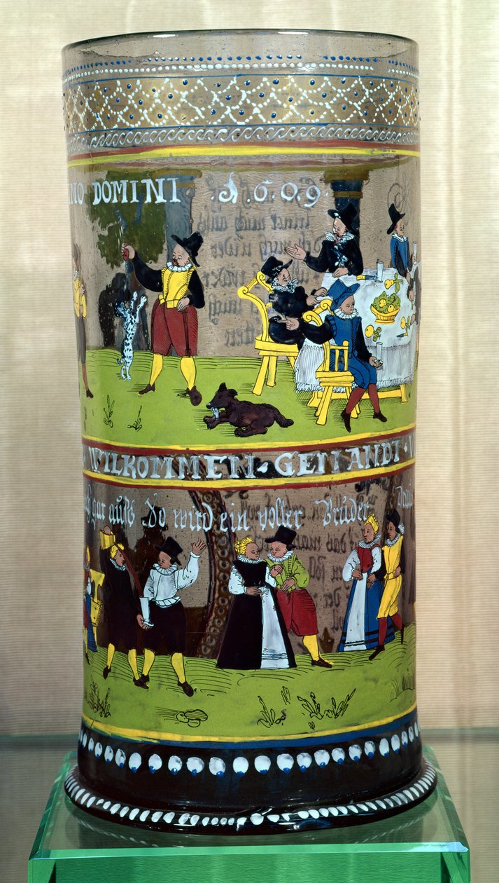 Ein deutscher emaillierter Humpen, datiert 1609, dekoriert mit Feierlichkeiten von Unbekannt Unbekannt