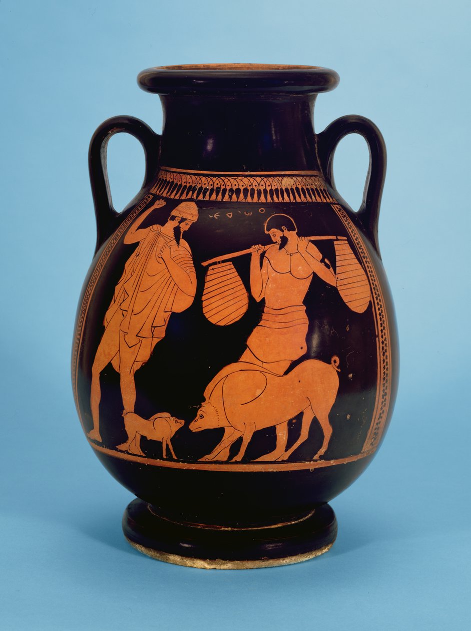 Attisch rotfigurige Pelike: Schweine, Schweinehirte und Odysseus, vom Schweinemaler, 470-60 v. Chr. von Unbekannt Unbekannt