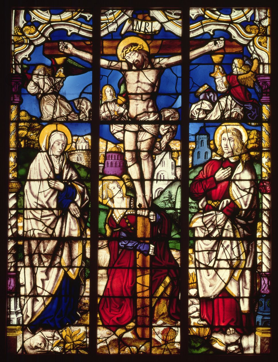 Die Kreuzigung, Glasfenster, wahrscheinlich aus der Abtei Altenberg, bei Köln, vielleicht entworfen vom Maler bekannt als der Meister der Heiligen Sippe, ca. 1500 von Unbekannt Unbekannt