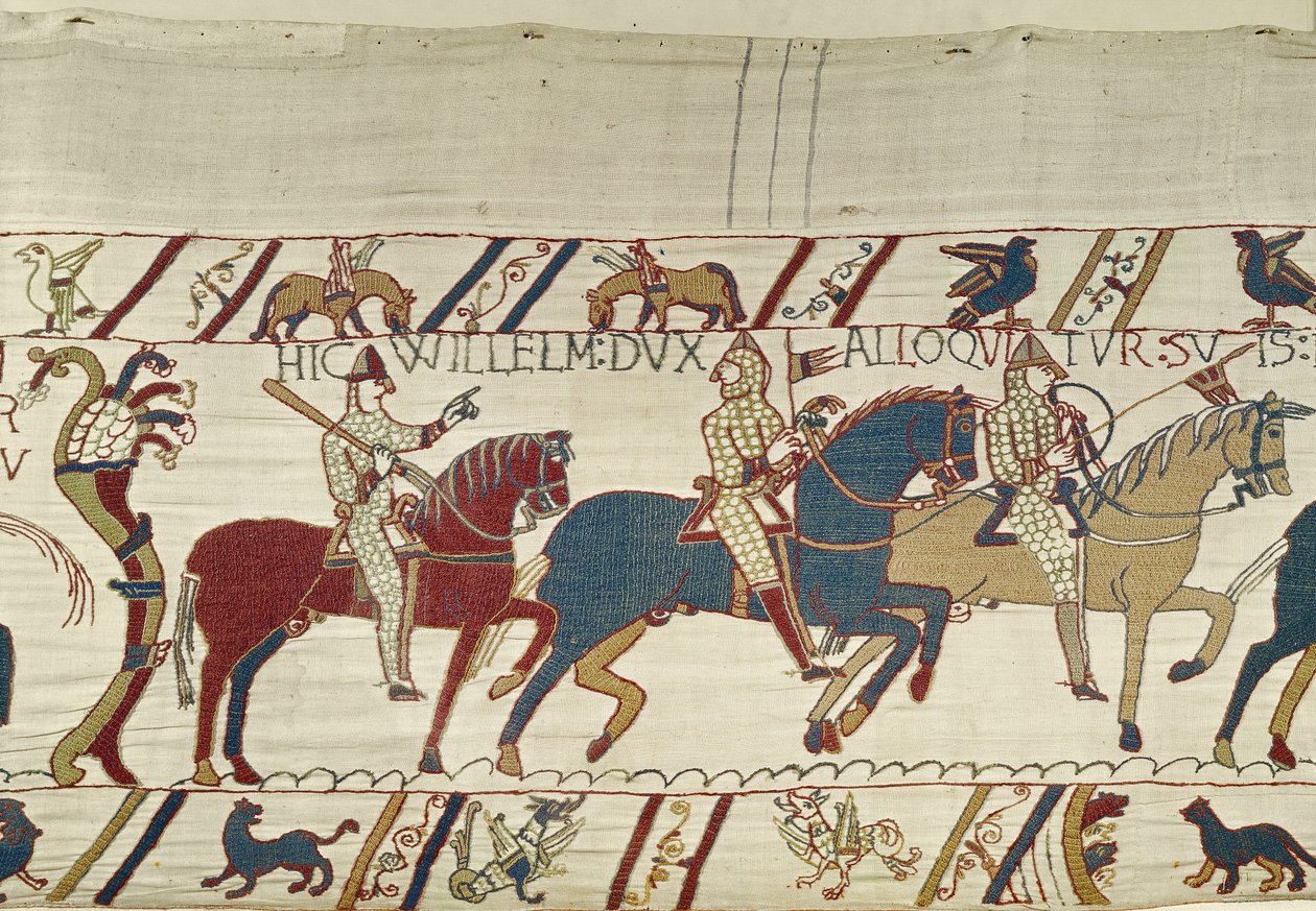 Herzog Wilhelm ermutigt seine Truppen, sich auf die Schlacht gegen die englische Armee vorzubereiten, Teppich von Bayeux von Unbekannt Unbekannt