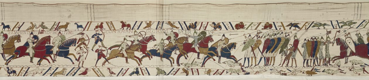 Die normannische Kavallerie greift die englische Schildmauer an und die Schlacht beginnt, Bayeux-Tapete von Unbekannt Unbekannt