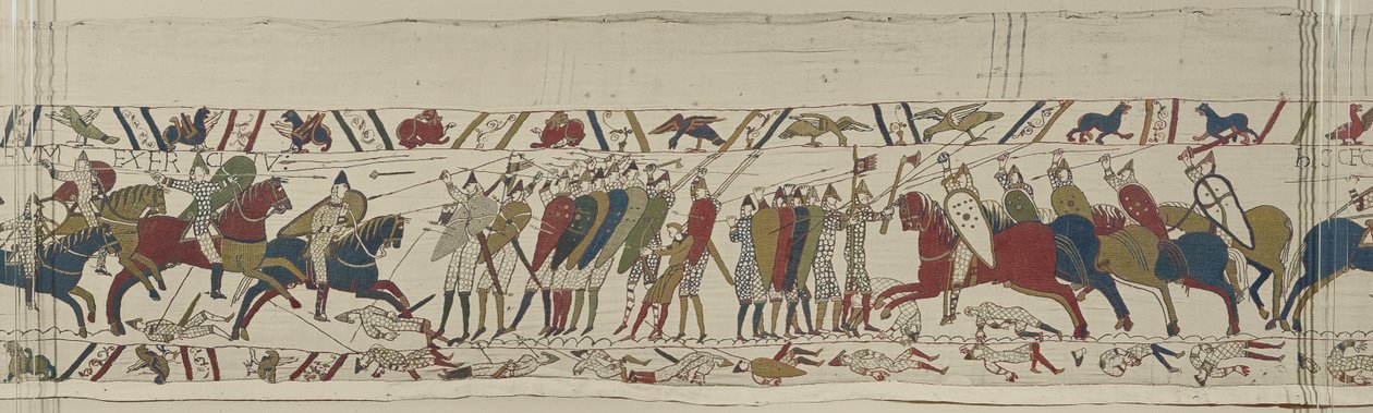 Die normannische Kavallerie greift die englische Schildmauer an und die Schlacht beginnt, Teppich von Bayeux von Unbekannt Unbekannt
