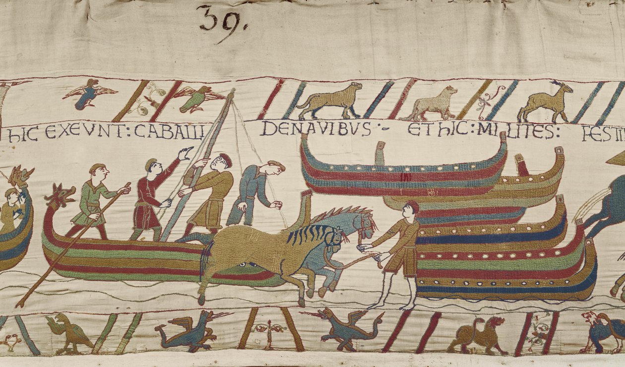Entladen von Pferden aus den normannischen Schiffen, Teppich von Bayeux von Unbekannt Unbekannt