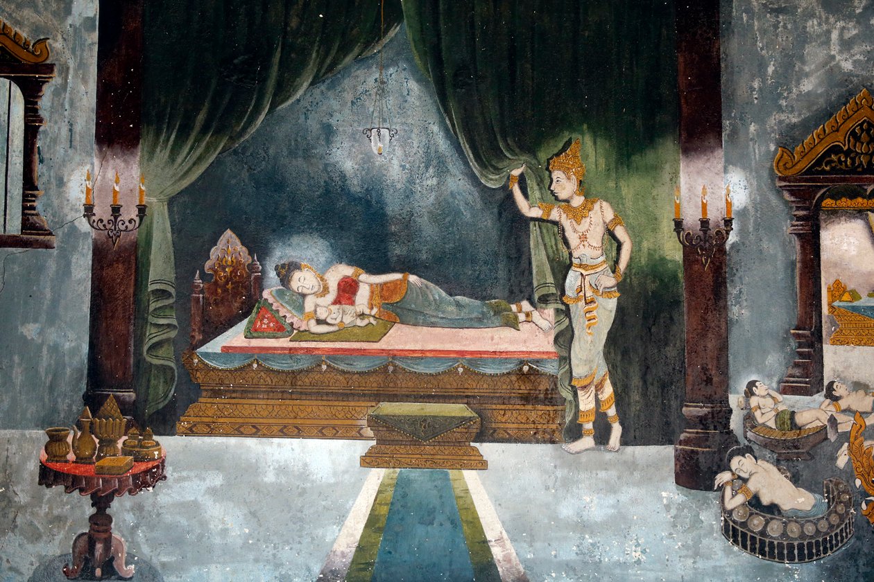 Fresko, das eine Szene aus dem Leben Buddhas im Wat Phra Doi Suthep, Chiang Mai darstellt. Buddha als Prinz Siddharta verlässt seine Frau und sein Kind. Thailand von Unbekannt Unbekannt