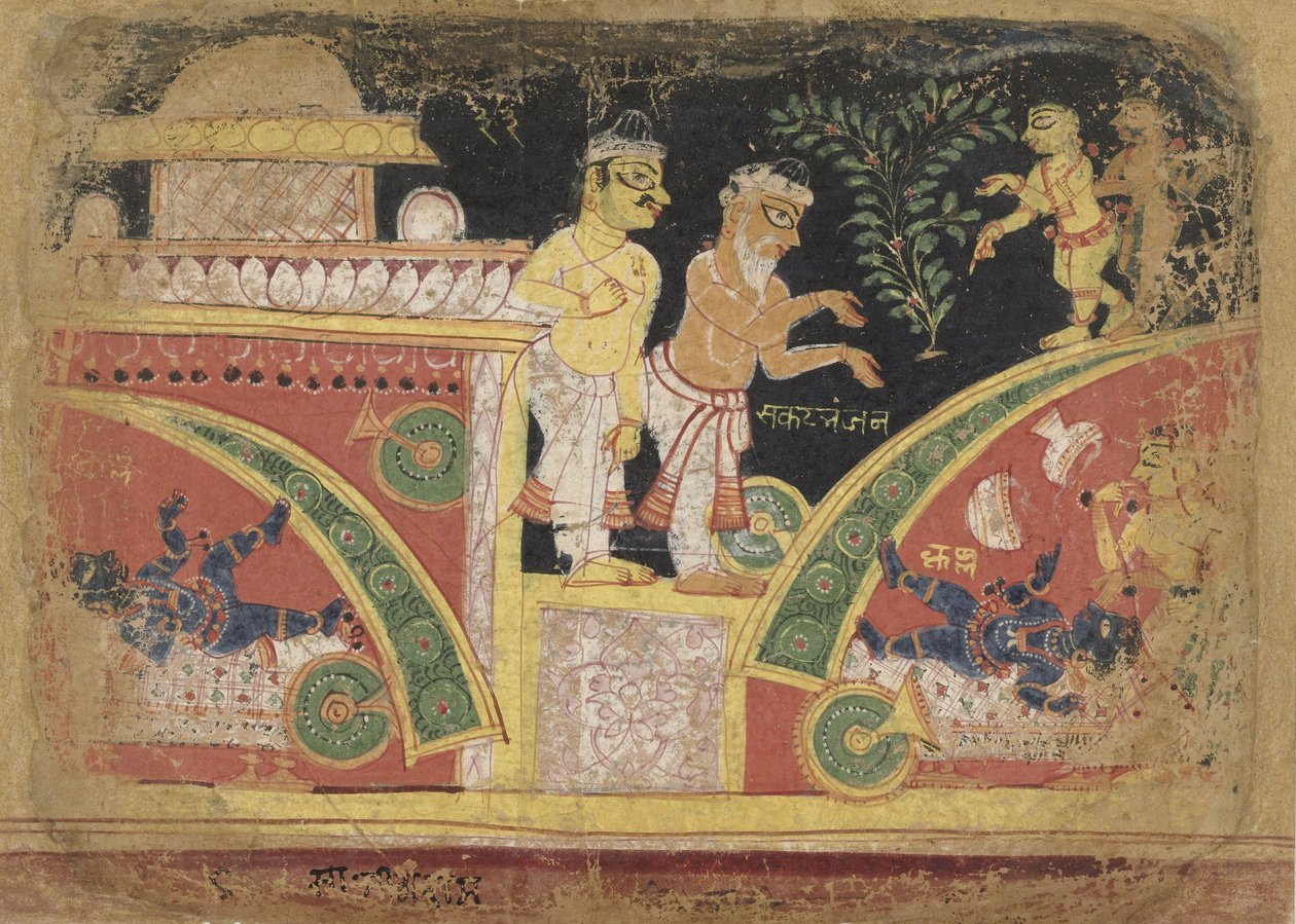 Krishna kippt den Wagen um, anonym, ca. 1520-30 von Unbekannt Unbekannt
