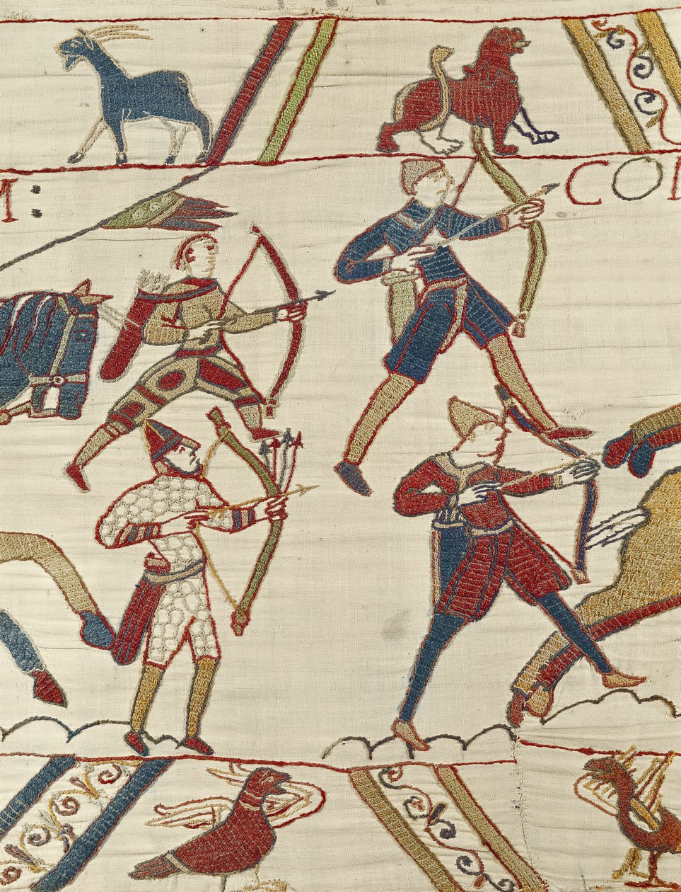 Normannische Bogenschützen bereiten sich auf die Schlacht gegen die englische Armee vor, Teppich von Bayeux von Unbekannt Unbekannt