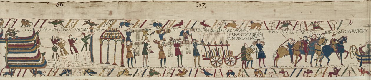 Normannen tragen Waffen zu den Schiffen und ziehen einen Wagen beladen mit Wein und Waffen, Teppich von Bayeux von Unbekannt Unbekannt