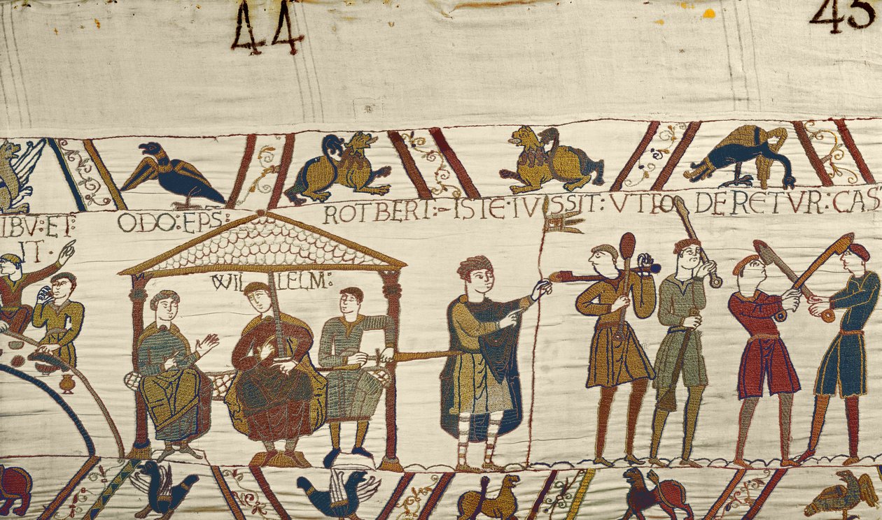 Wilhelm, mit Robert de Mortain und Bischof Odo befiehlt den Bau von Befestigungen in Hastings, Teppich von Bayeux von Unbekannt Unbekannt