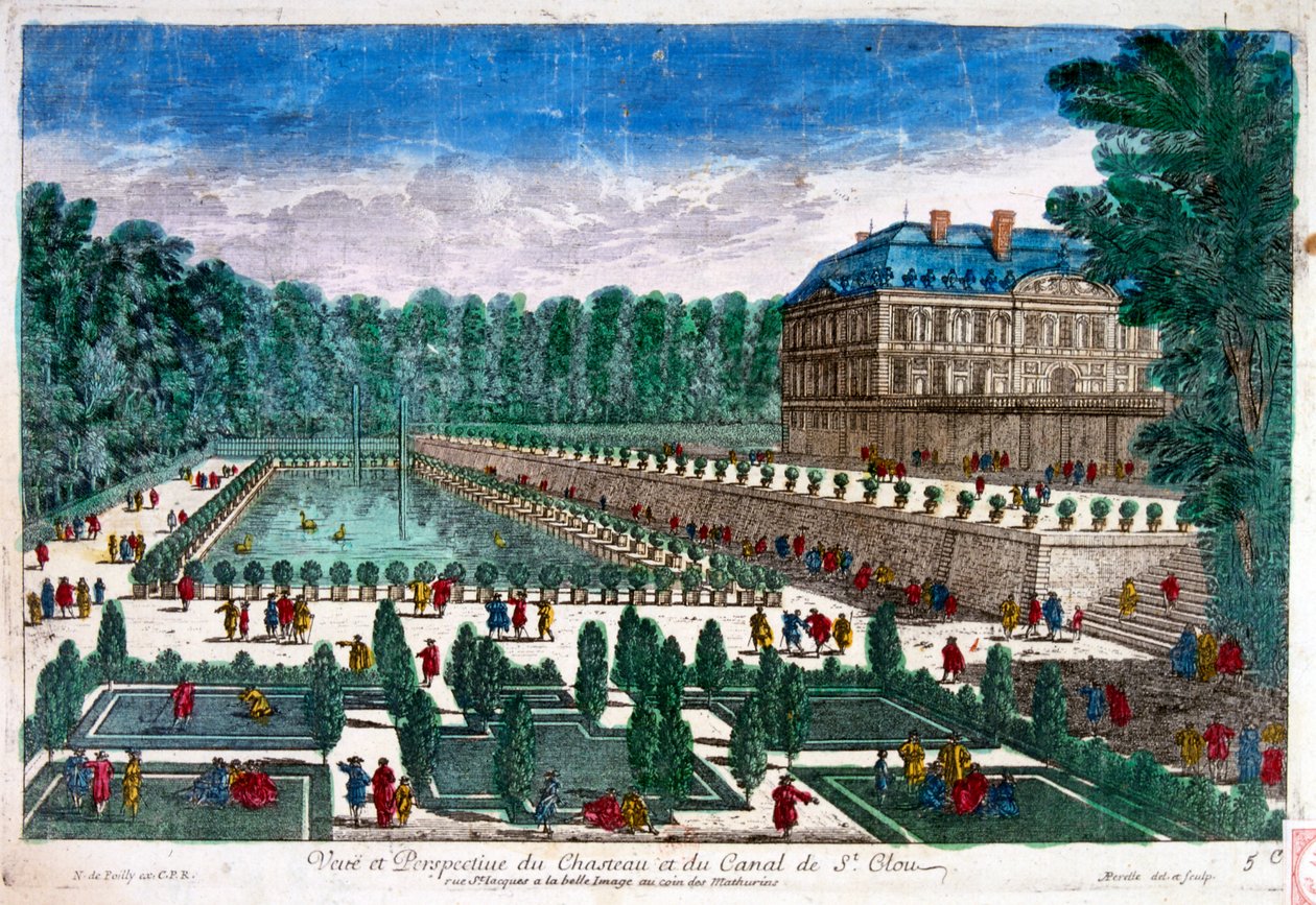 18. Jahrhundert, Illustration, zeigt das Château de Saint-Cloud, ein Schloss in Frankreich, in Saint-Cloud in Hauts-de-Seine, westlich von Paris. Das Schloss wurde im 17. Jahrhundert von Philippe von Frankreich, Herzog von Orléans, erweitert und schließl von Unbekannter Künstler