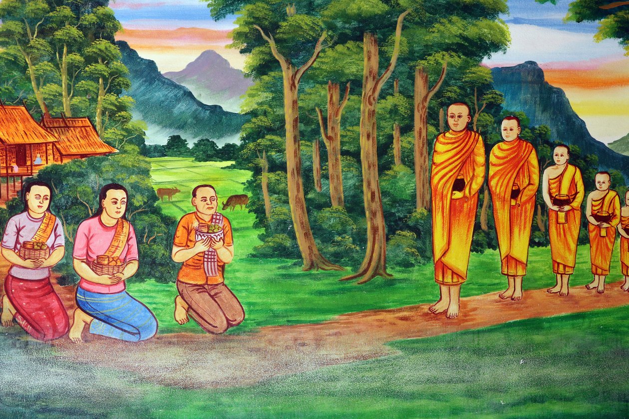 20151029, Vientiane, Laos: Wat Si Muang (Simuong) buddhistischer Tempel. Gemälde, das die Lebensgeschichte von Shakyamuni Buddha darstellt von Unbekannt
