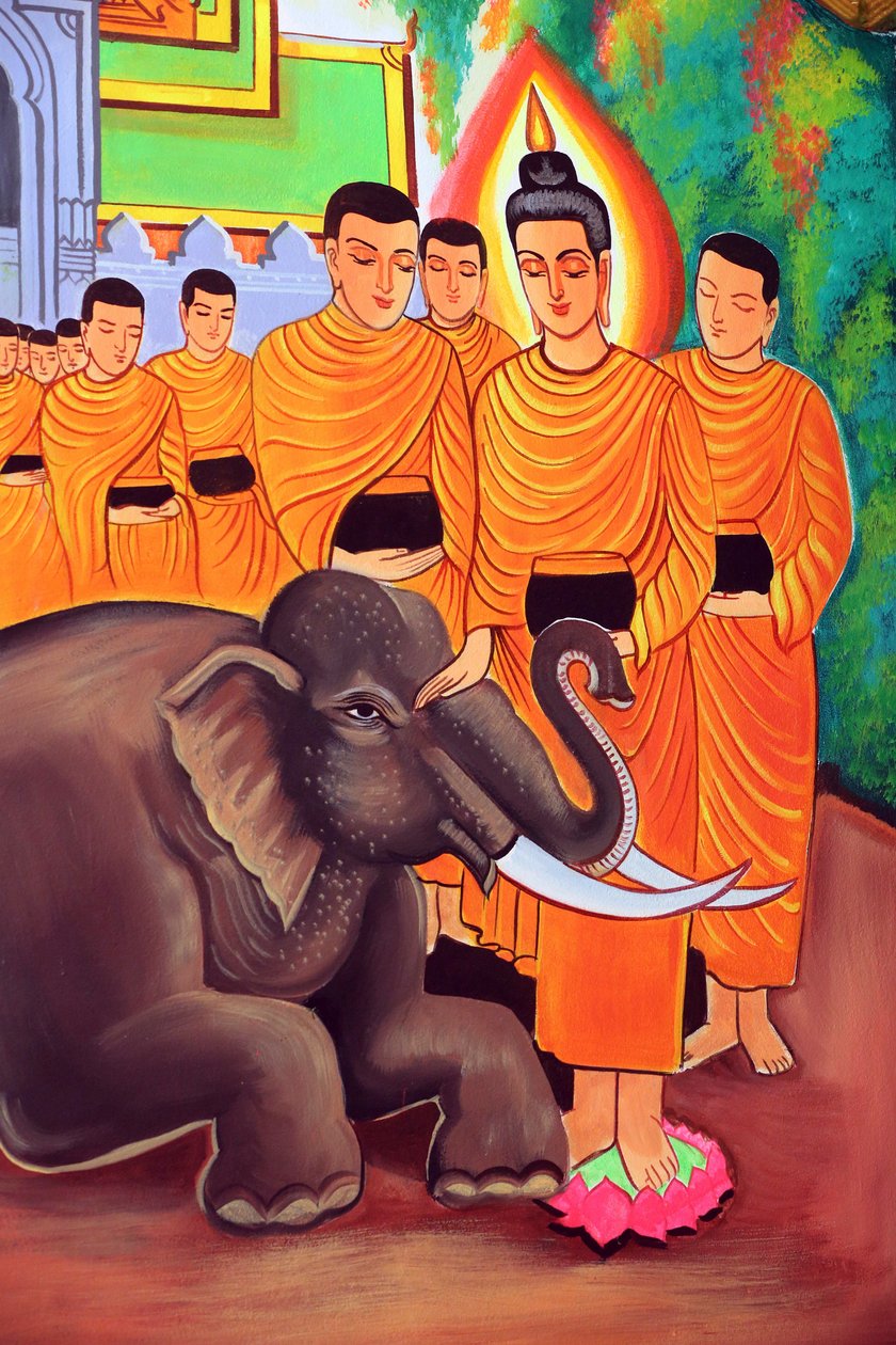 Wat Si Muang (Simuong) buddhistischer Tempel. Gemälde, das die Lebensgeschichte von Shakyamuni Buddha darstellt. Ein wilder Elefant gezähmt durch Liebenswürdigkeit von Unbekannt