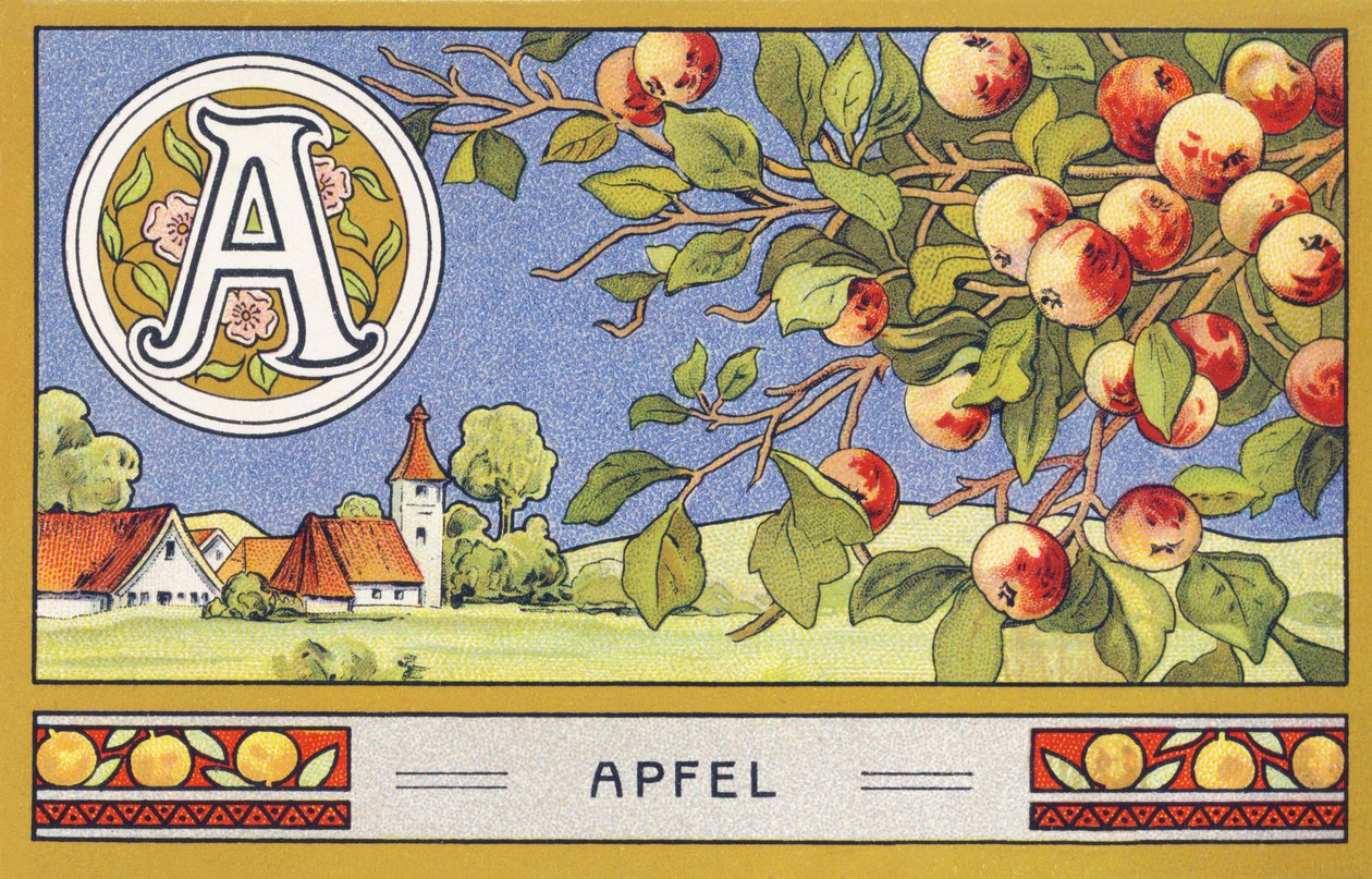 A: Apfel - Alphabet Palmin. Serie von Chromolithografien herausgegeben von H. Schlinck & Cie, Hamburg, o. J. Werbung für Palmin feinstes Kokosfett. Maße: 7 x 11 cm von Unbekannter Künstler