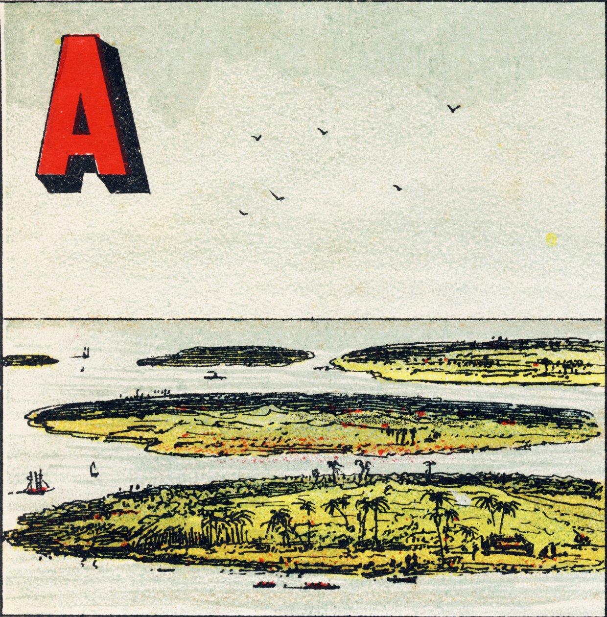 A: Archipel. Es ist eine Gruppe von Inseln in einem Meer - Gravur aus Alphabet geographique. Guerin-Muller et Cie, Verleger, Paris von Unbekannt
