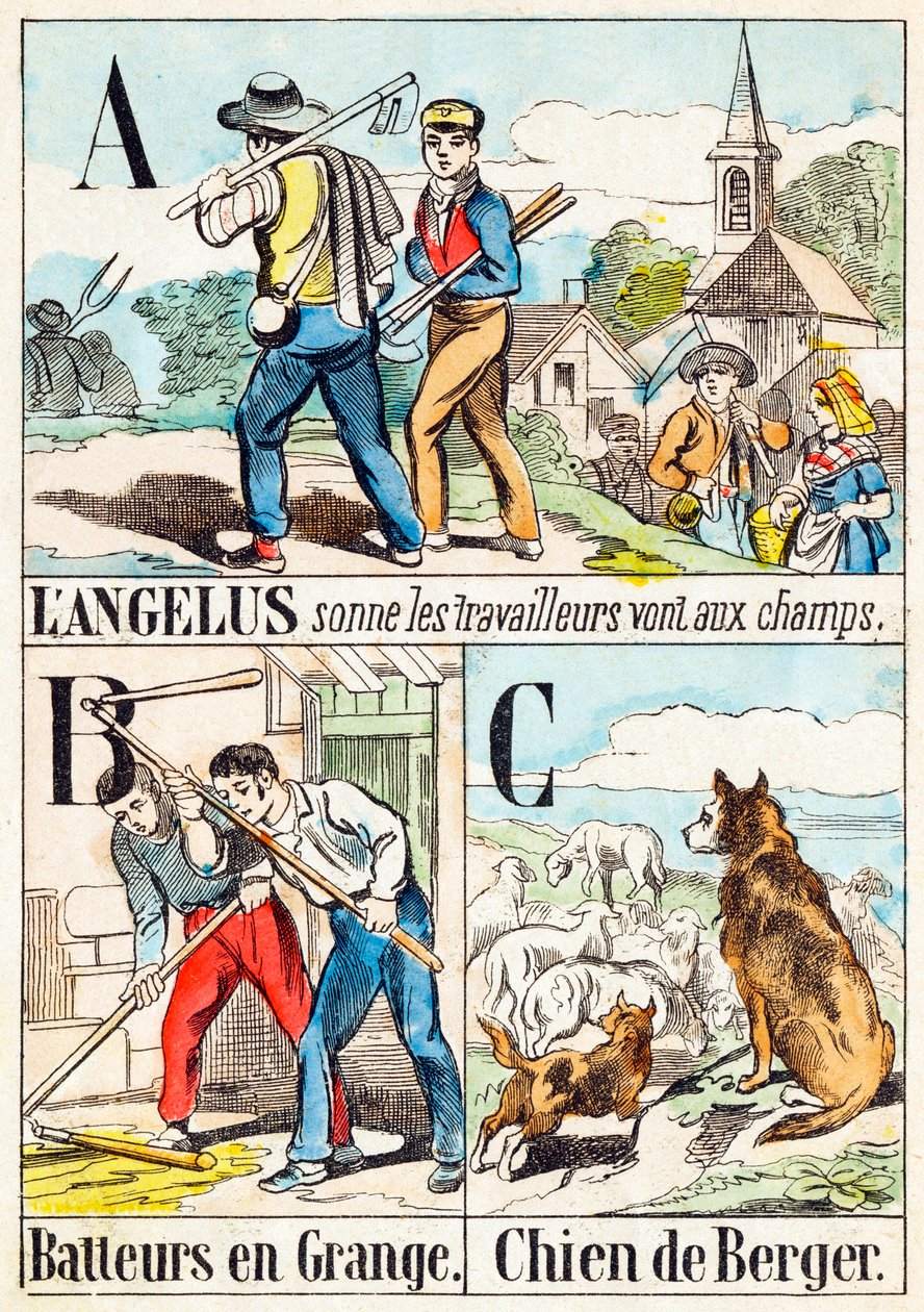 A Beim Angelusläuten gehen die Arbeiter auf die Felder; B Drescher in der Scheune; C Schäferhund - „Alphabet des Bauernhofs“ Ende des 19. Jahrhunderts (Gravur) von Unbekannt