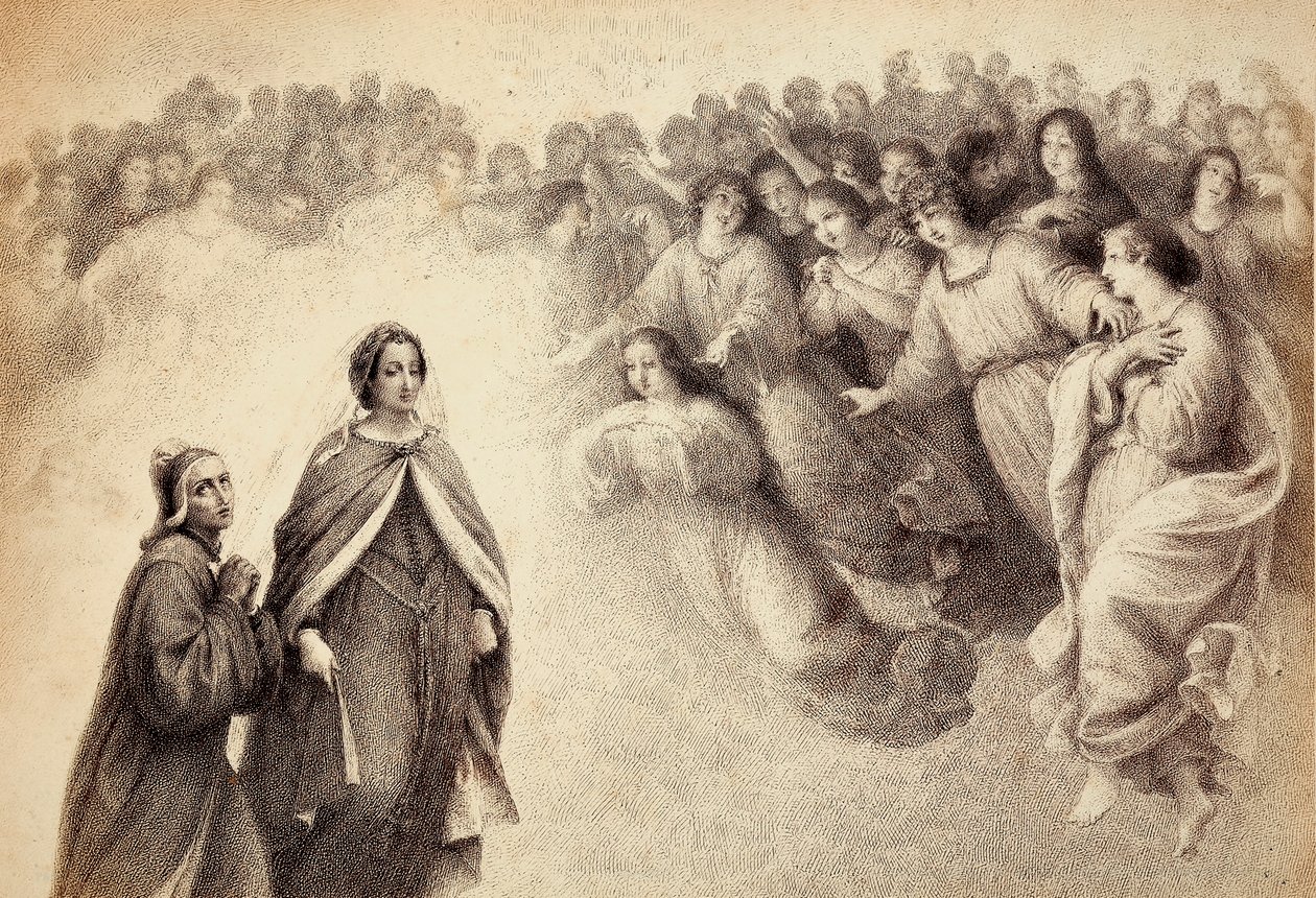 Eine Schar von Schatten nähert sich Dante und Beatrice. Illustration von Canto V in Paradiso der Göttlichen Komödie von Dante Alighieri. Werk von Francesco Scaramuzza, gewidmet der Gemeinde Florenz. von Unbekannter Künstler