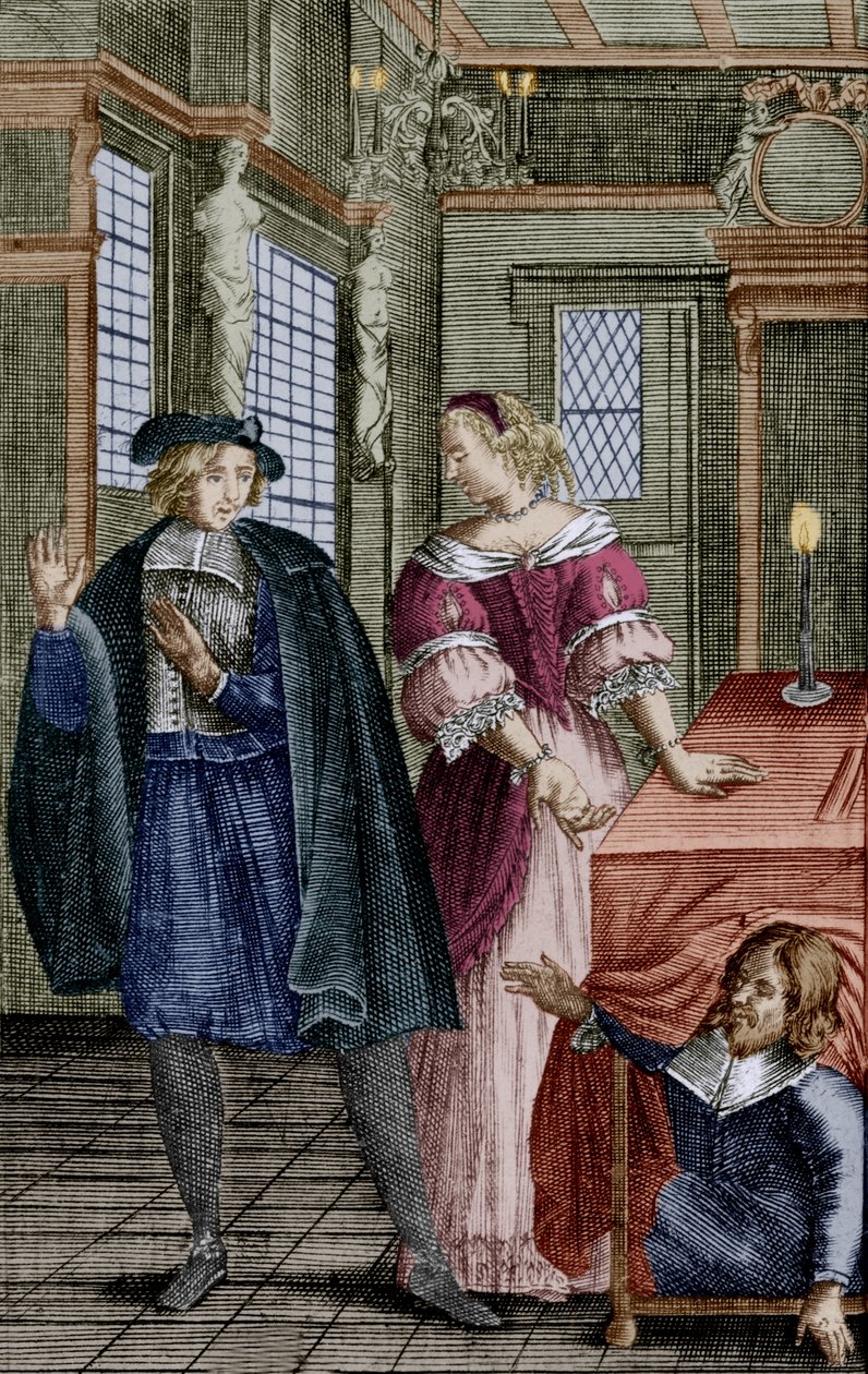 Szene aus dem Stück „Tartuffe“ von Molière (1664) mit Orgon (unter dem Tisch), Elmire, seiner Frau, und Tartuffe, Gravur von Unbekannter Künstler