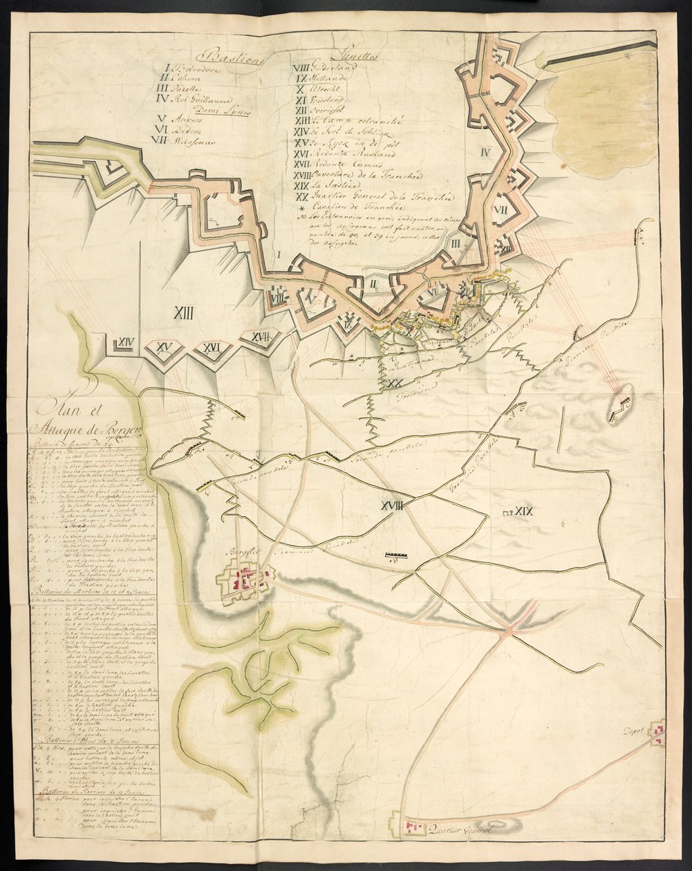 Ein getönter Plan der Belagerungswerke. Tagebuch der Belagerung von Bergen op Zoom durch die Franzosen im Jahr 1747; vorangestellt ein Bericht über den Zustand der französischen Artillerie zu dieser Zeit. von Unbekannter Künstler