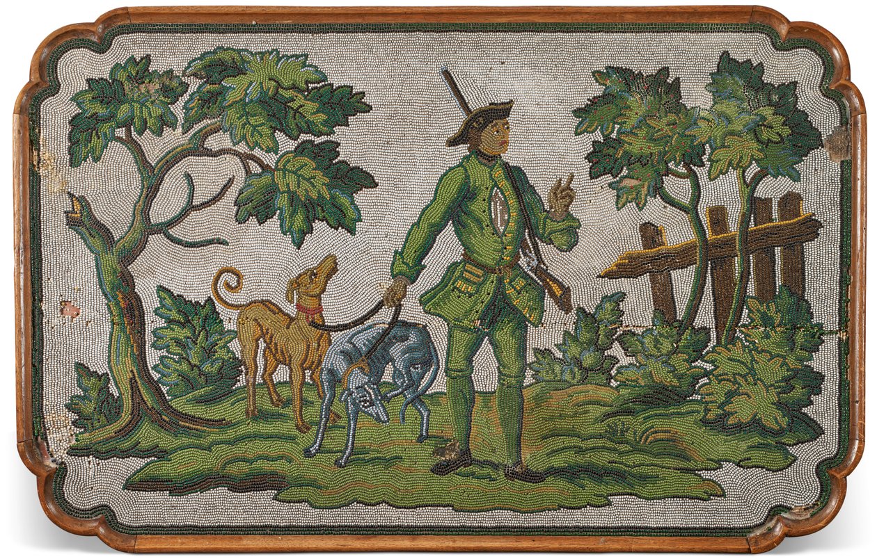 Oberseite einer deutschen Eiche und Perlenstickerei Beistelltisch, ca. 1740 von Unbekannter Künstler