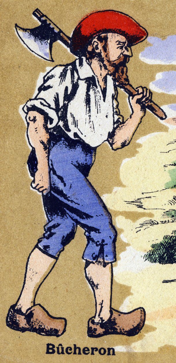 Ein Holzfäller, der mit einer Axt Holz hacken geht. Illustriertes Alphabet. Bildereien vereint in Jarville-Nancy, Anfang des 20. Jahrhunderts. Dim: 40 x 29 cm. Lithographie auf bistre Hintergrund von Unbekannt