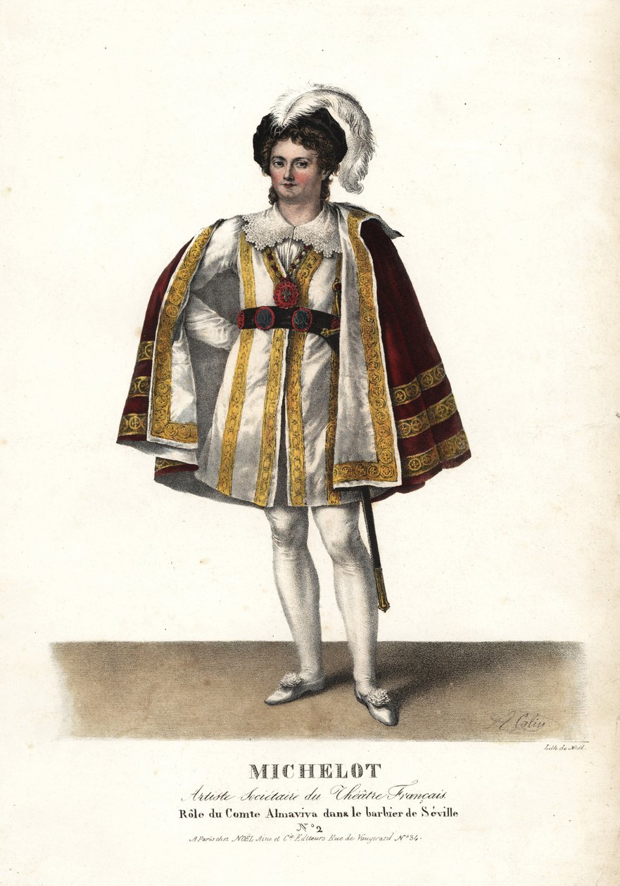 Schauspieler Pierre Marie Nicolas Michelot als Comte Almaviva in Le Barbier de Seville von Pierre Beaumarchais, Théâtre Français von Unbekannter Künstler