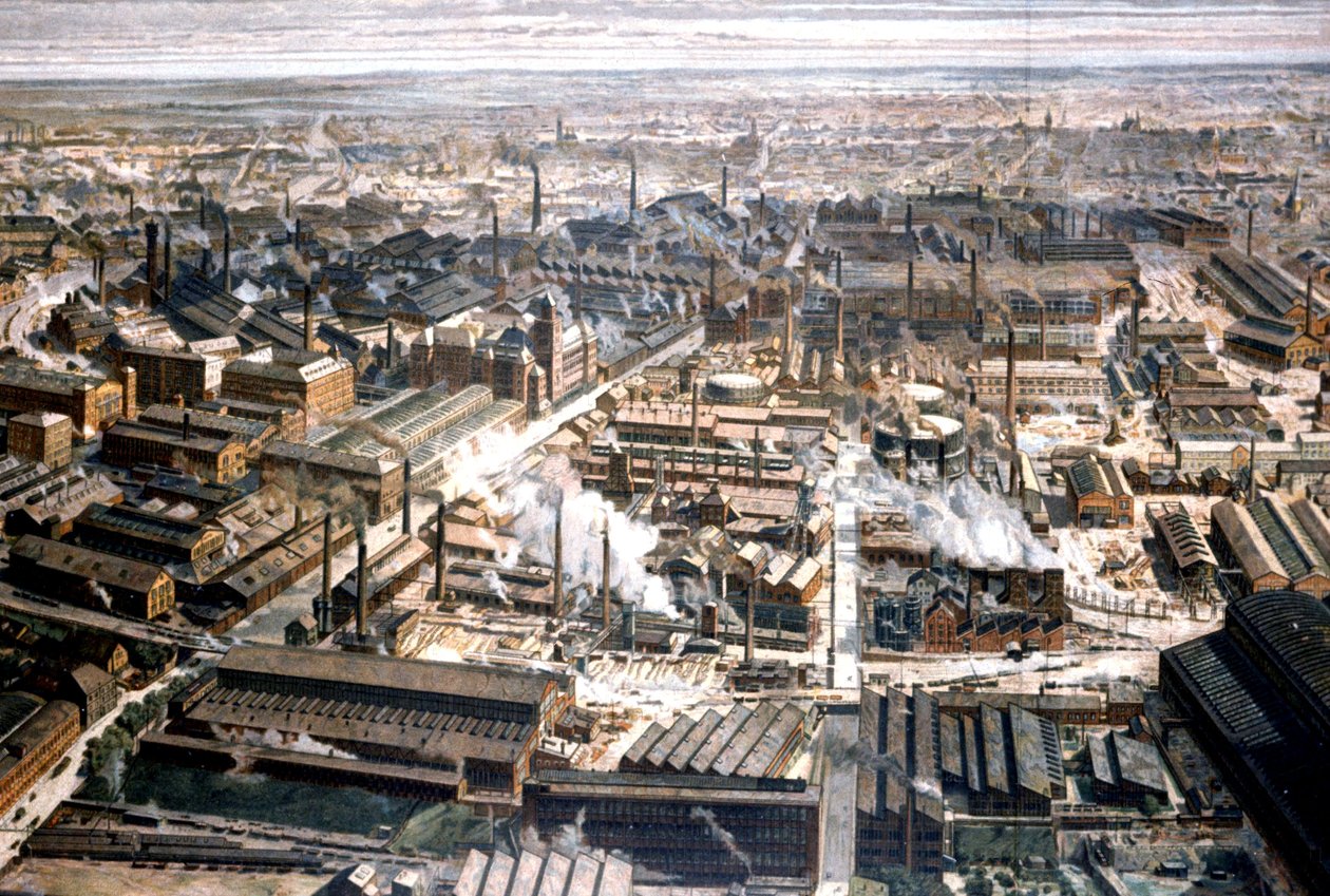 Luftaufnahme der Krupp-Fabrik in Essen, ca. 1920 (Gravur) von Unbekannter Künstler