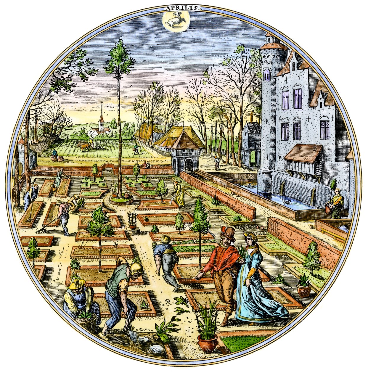 Landwirtschaft: Gartenarbeit in einem europäischen Gemüsegarten zu Beginn des Frühlings um 1590. Farbiger Stich aus dem 16. Jahrhundert von Unbekannter Künstler