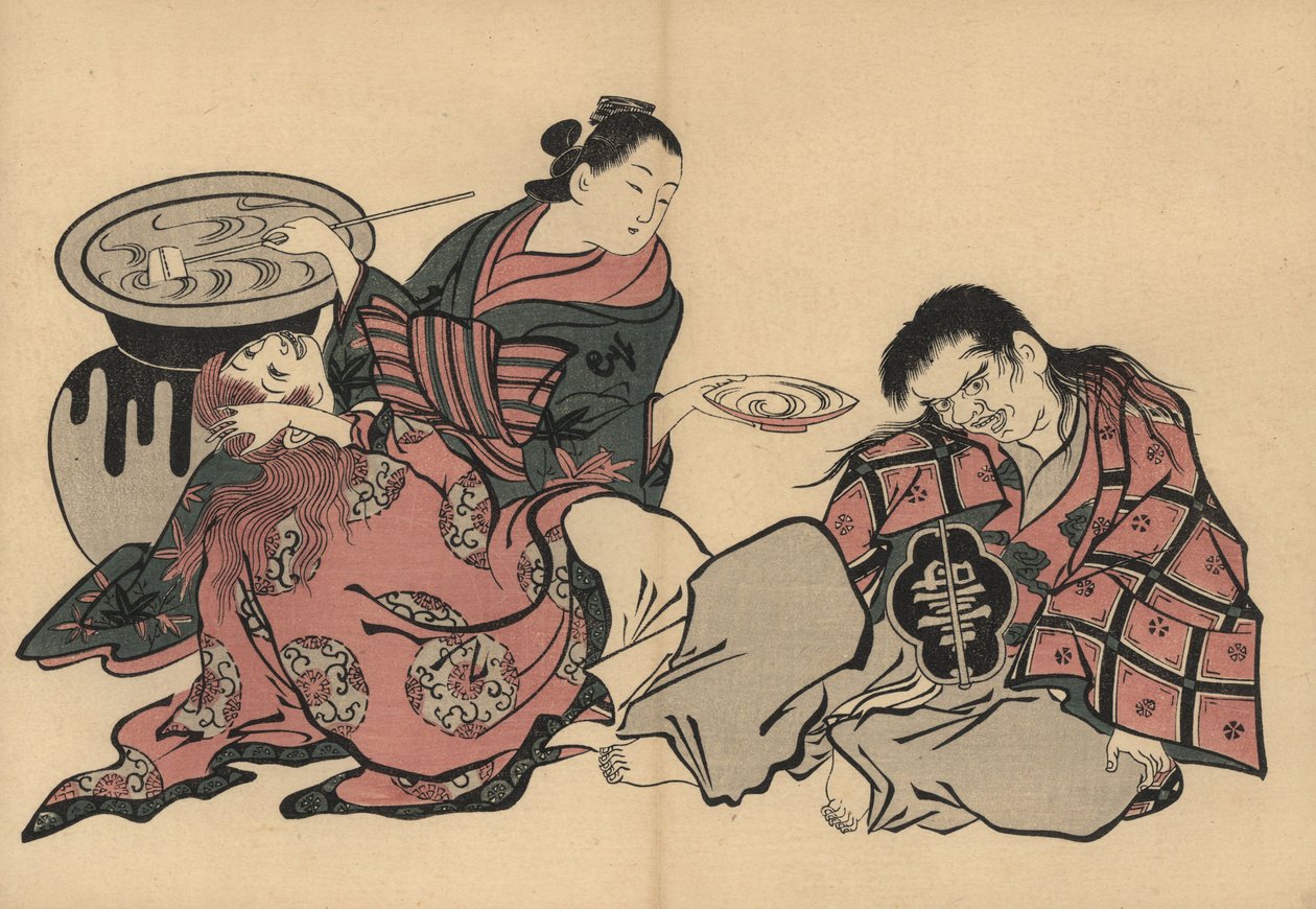 Eine Oiran Kurtisane spielt zwei Shojo mit Sake aus einer riesigen Vase. Holzschnitt von Masanobu Okumura (1686-1764) aus Fuzoku Emakimono, Bildrolle des Wasserhandels, Tokio, Nachdruck um 1880. von Unbekannter Künstler