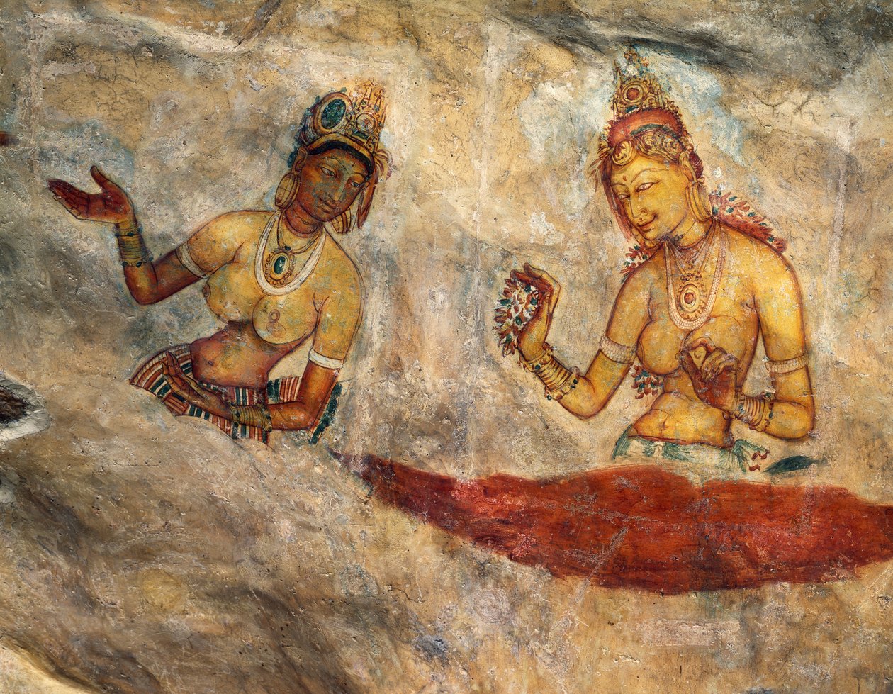 Apsaras, himmlische Nymphen, die Blumen anbieten, Fresko, befestigte Zitadelle von Sigiriya (UNESCO-Welterbeliste) von Alec Hunter