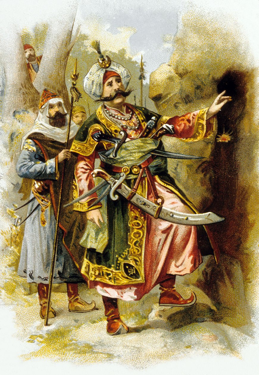 Arabische Nächte: Ali Baba und die vierzig Räuber: der Anführer der Räuber sagt "Sesam öffne dich", Werbung für "Le Bon Marche" um 1900 von Unbekannter Künstler