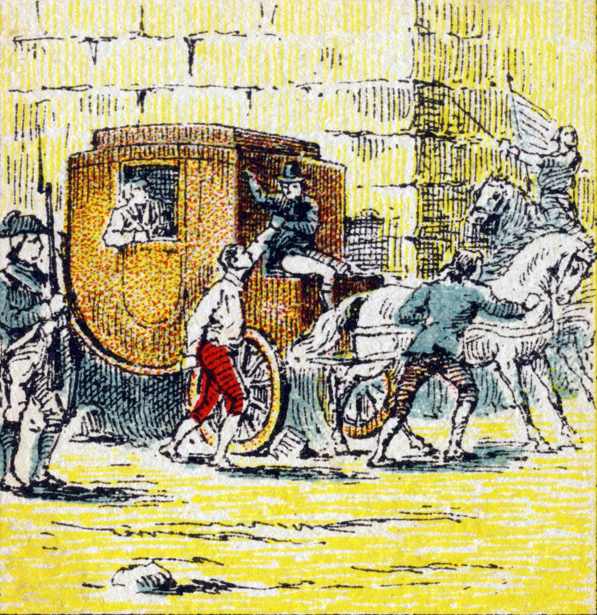 Verhaftung von Ludwig XVI. und seiner fliehenden Familie in Varennes am 21. Juni 1791. Gravur in "Histoire de France". Serie von Werbebildern, veröffentlicht im Auftrag von Louit, 24 rue d