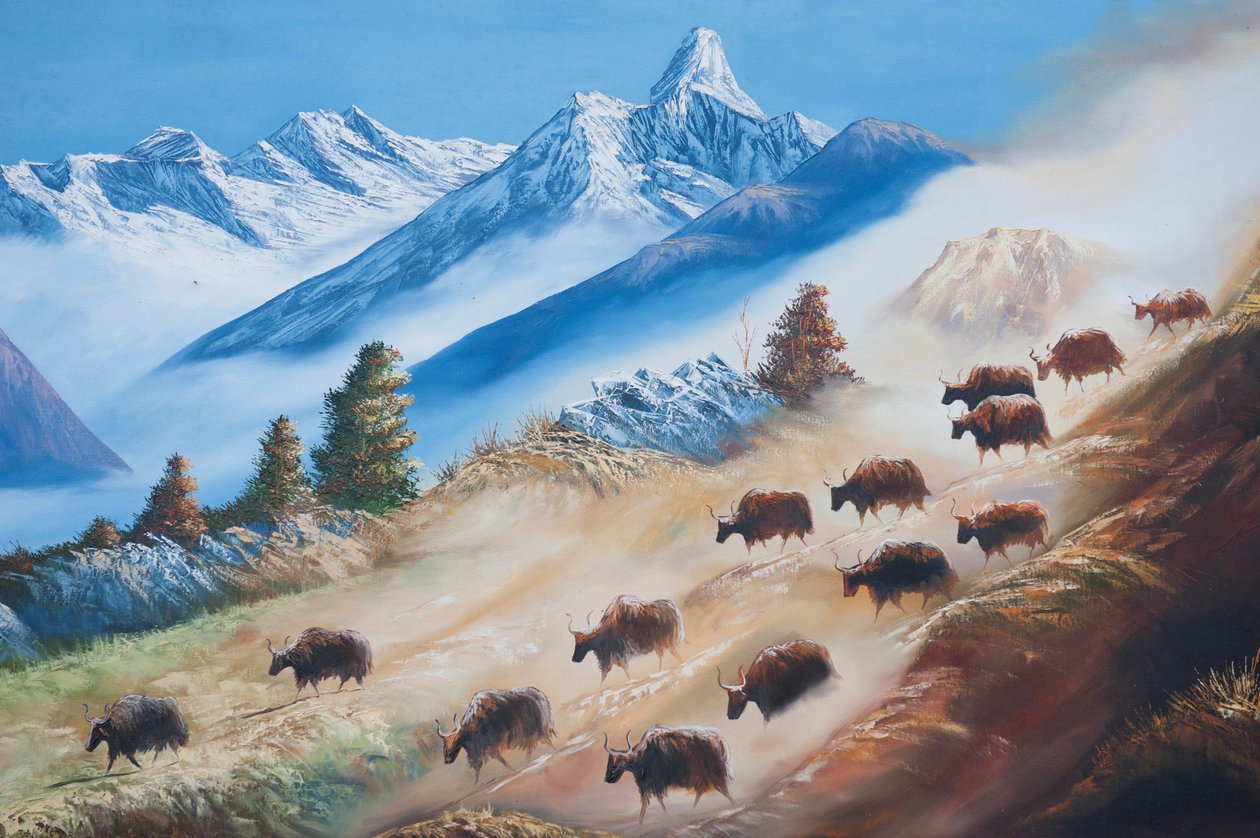 Kunst; Gemälde einer Yak-Herde unter dem Ama Dablam Berg; Landleben; Galerie in Kathmandu; Nepal; Asien von Unbekannt