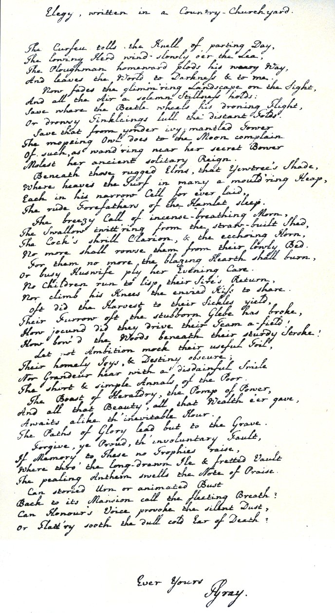 Autographenkopie im Handschrift des Dichters Thomas Gray von seinem Gedicht 