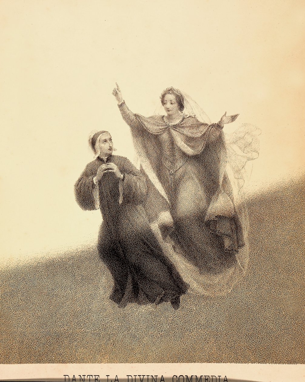 Beatrice, die mit ihrem Zeigefinger nach oben zeigt, führt Dante durch das Firmament des Paradieses. Ihre Körper werden von einem Lichtstrahl erleuchtet. Illustration von Canto I in Paradiso der Göttlichen Komödie von Dante Alighieri. Werk von Francesco Sc von Unbekannter Künstler
